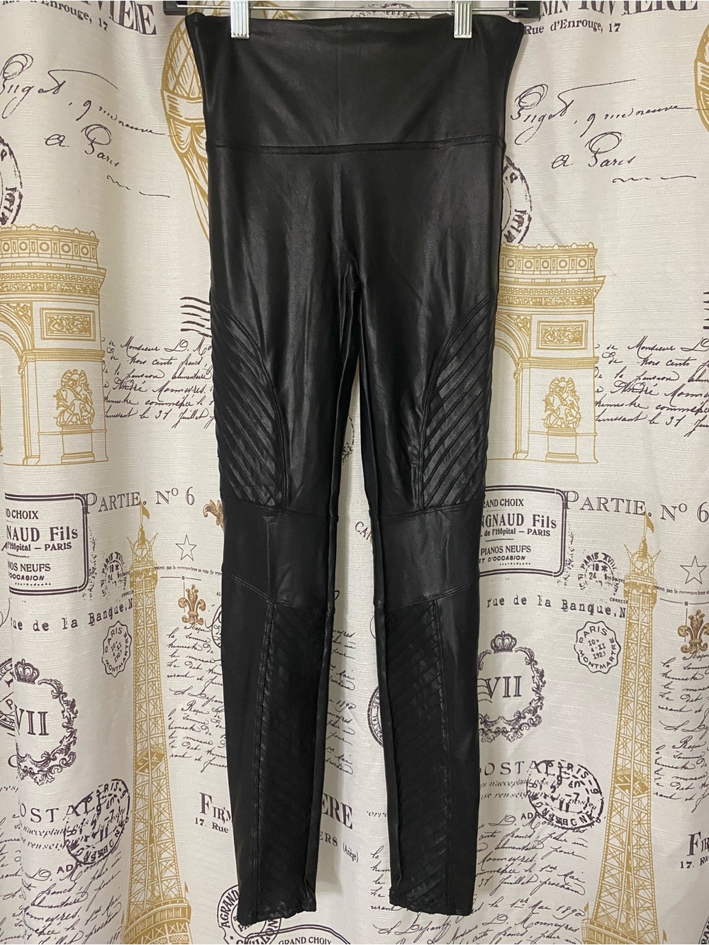 Spanx Leggings Womens Sz M Black Faux Leather Moto Ribbed Wide Waistband